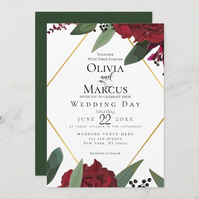 Convite CASAMENTO | Elegante Rich Burgundy Marsala Floral  (Frente/Verso)