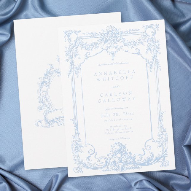 Convite Casamento Elegante Rococó Azul Francês Vintage (French Blue Rococo Vintage Elegant Wedding Invitation)