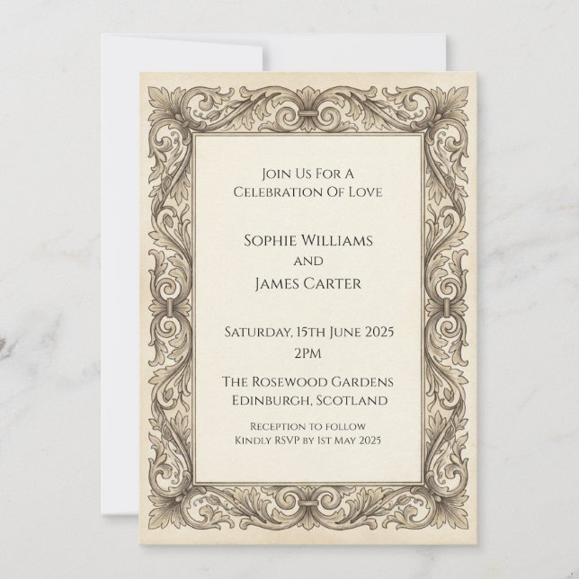 Convite Casamento Elegante Rolo Barroco Antigo Ornamentado (Frente)