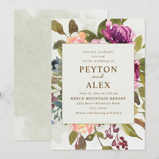 Convite Casamento Elegante Romântico Ameixa Pêssego Verde  (Frente/Verso)