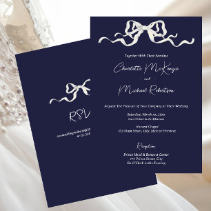 Convite Casamento Elegante Romântico com Fita Azul-Marinho
