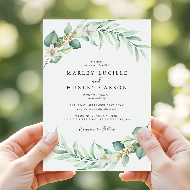 Convite Casamento Elegante Romântico de Greenery Wreath (Criador carregado)