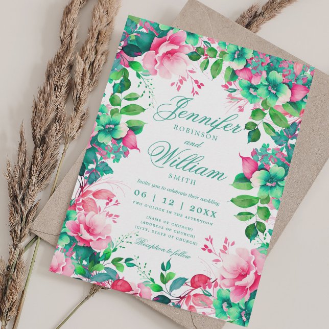 Convite Casamento Elegante Romântico Primavera Floral de V (Romantic Floral Spring Summer Elegant Wedding Invitation)