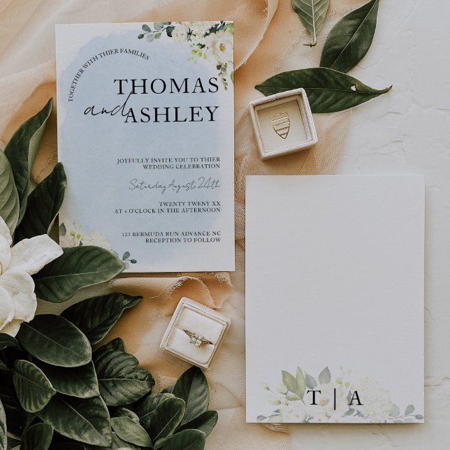 Convite Casamento Elegante Rosa Branca de Azul (Criador carregado)