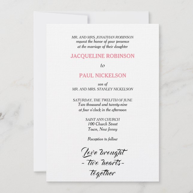 Convite Casamento Elegante Rosa Branco Dois Corações (Frente)