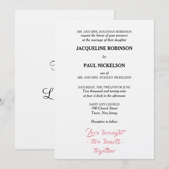Convite Casamento Elegante Rosa Branco Dois Corações (Frente/Verso)