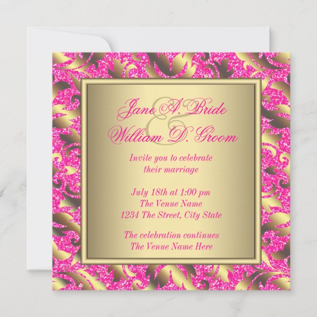 Convite Casamento Elegante Rosa Choque e Dourado (Frente)