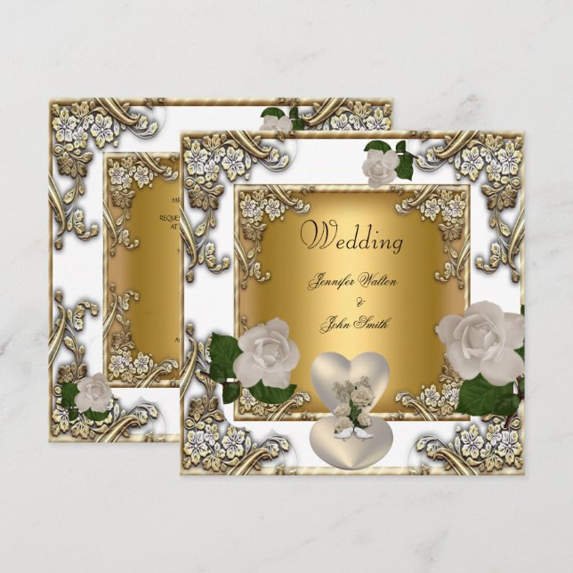 Convite Casamento Elegante Rosa Creme Dourado Branco (Frente/Verso)