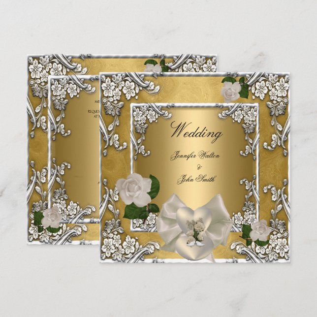 Convite Casamento Elegante Rosa Creme Ouro Prata (Frente/Verso)