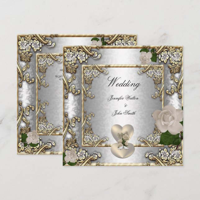 Convite Casamento Elegante Rosa Dourada Prata Branco (Frente/Verso)