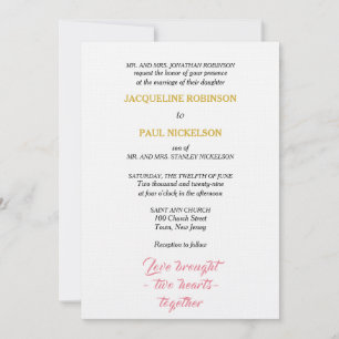 Convite Casamento Elegante Rosa Dourado Dois Corações