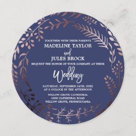 Convite Casamento Elegante Rosa Dourado e Marinho redondo