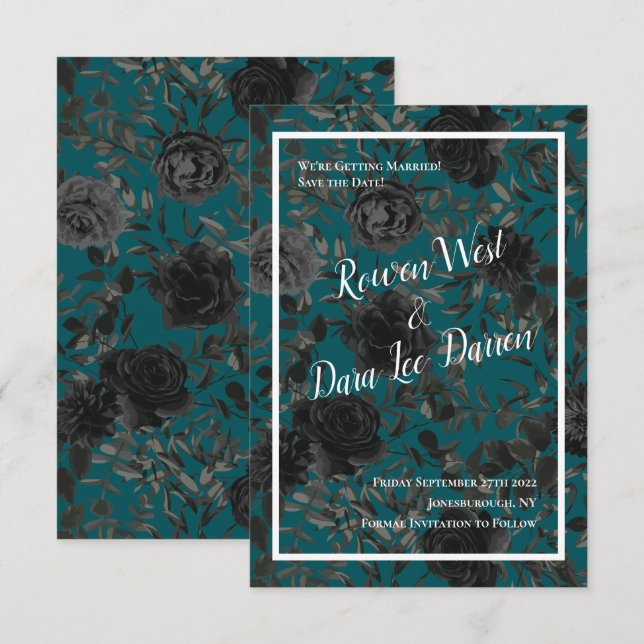 Convite Casamento Elegante Rosa Gótico de Teal Negro (Frente/Verso)