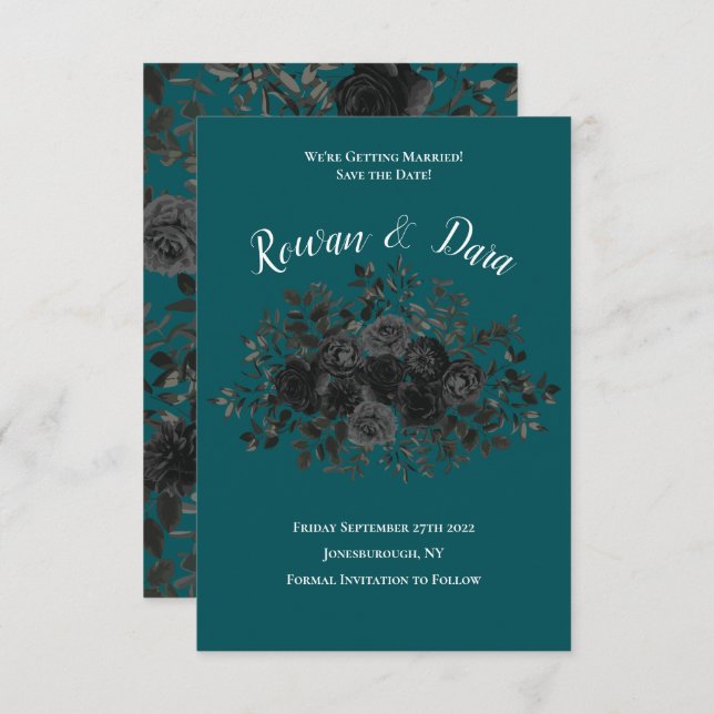 Convite Casamento Elegante Rosa Gótico de Teal Negro (Frente/Verso)