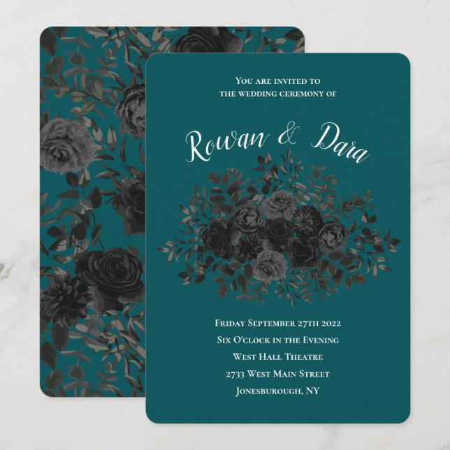 Convite Casamento Elegante Rosa Gótico de Teal Negro (Frente/Verso)