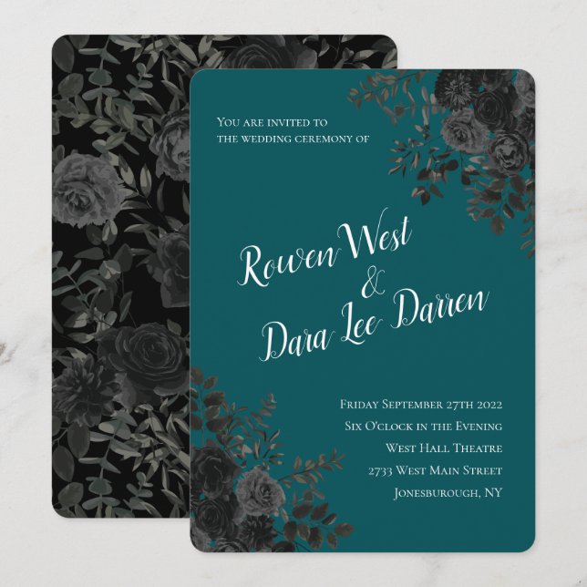 Convite Casamento Elegante Rosa Gótico de Teal Negro (Frente/Verso)