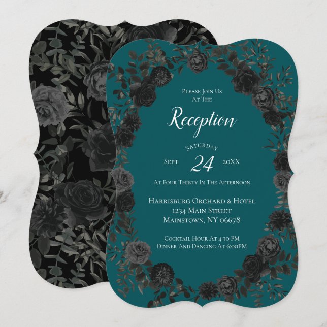 Convite Casamento Elegante Rosa Gótico de Teal Negro (Frente/Verso)