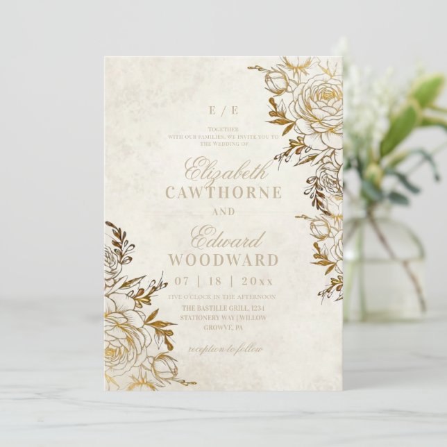 Convite Casamento Elegante Rosa Moderno Marfim & Dourado ⎮ (Em pé/Frente)