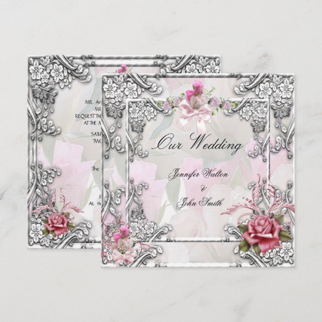 Convite Casamento Elegante Rosa Pingue Prata Branco (Frente/Verso)