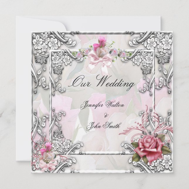 Convite Casamento Elegante Rosa Pink Prata Branco (Frente)