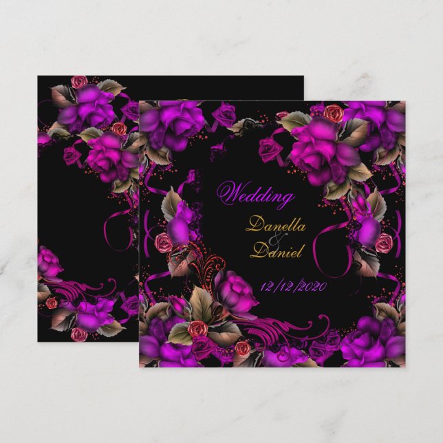 Convite Casamento Elegante Rosa Plumoso Preto (Frente/Verso)