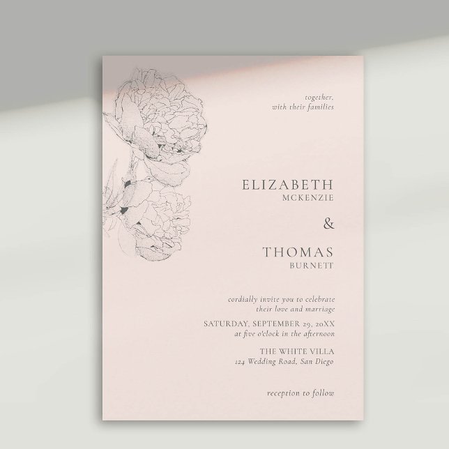 Convite Casamento Elegante Rosa Rosa Pêssego de Peões Deli (peony wedding invitation large blooms ink sketch peach pink formal elegant modern classic)