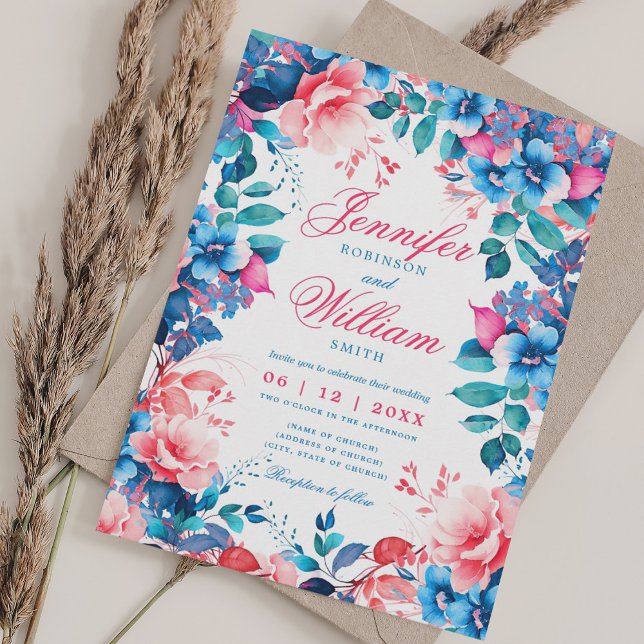 Convite Casamento Elegante Rosa-Rosa-Rosa Romântico Vibran (Romantic Floral Vibrant Blue Pink Elegant Wedding Invitation)