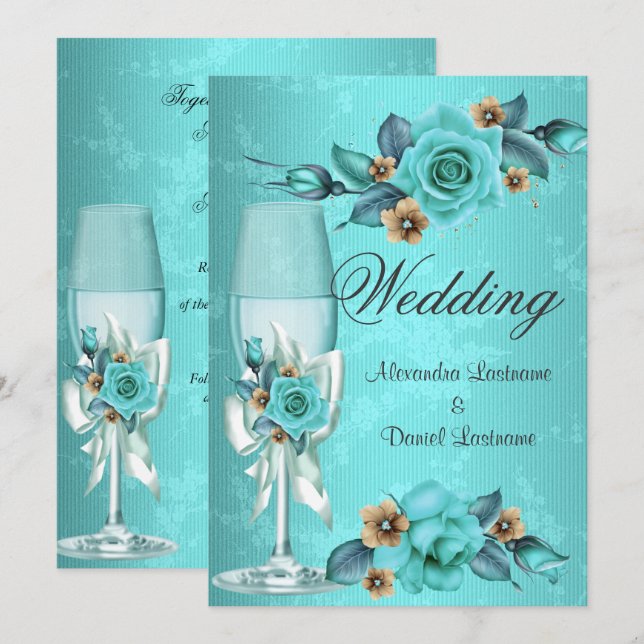Convite Casamento Elegante Rosas Champanhe Azul Turquesa F (Frente/Verso)