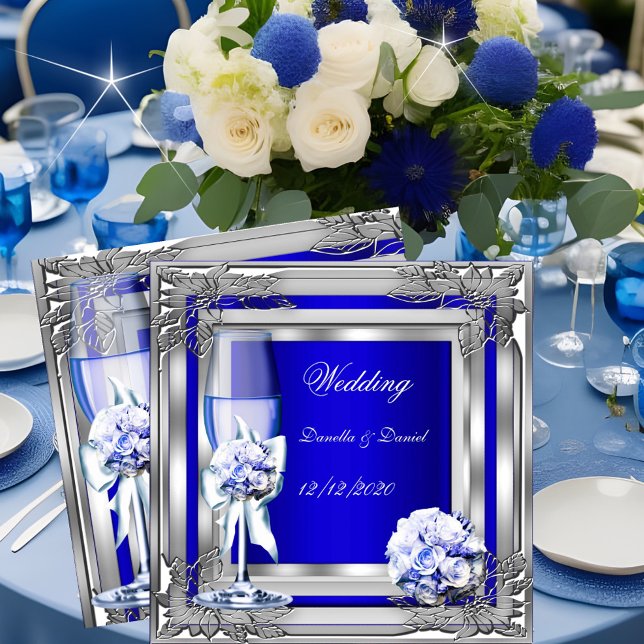 Convite Casamento Elegante Rosas Florais Prata Azul (Criador carregado)