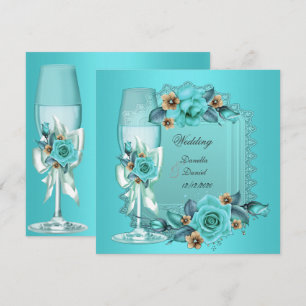 Convite Casamento Elegante Rosas Flores Azul Bege