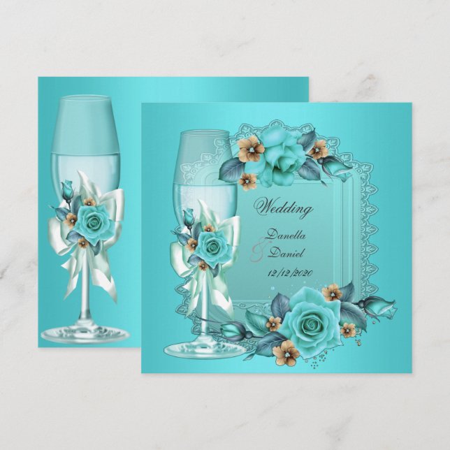 Convite Casamento Elegante Rosas Flores Azul Bege (Frente/Verso)
