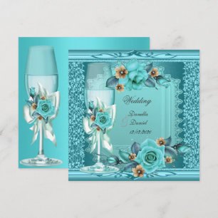 Convite Casamento Elegante Rosas Flores Azul Bege