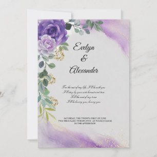 Convite Casamento Elegante Roxo Aquarela Dourado