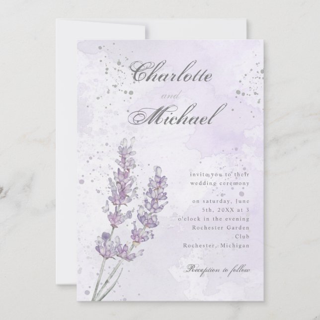 Convite Casamento elegante roxo de lavanda de água (Frente)