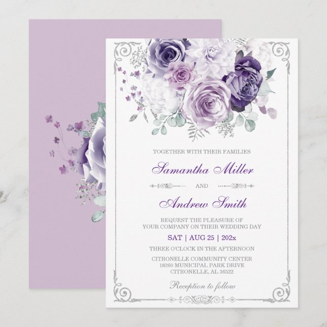 Convite Casamento Elegante Roxo e Prata (Frente/Verso)
