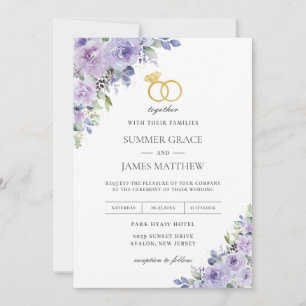 Convite Casamento Elegante Roxo Lilás Floral Anéis Dourado