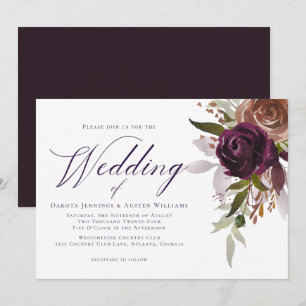 Convite Casamento Elegante Roxo Script Floral Chic Ameixa