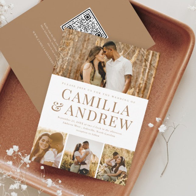 Convite Casamento elegante Rsvp Rsvp de Código QR de Foto  (A modern typography 4 photo  wedding invitation. The back has a QR Code for guests to easily RSVP.)