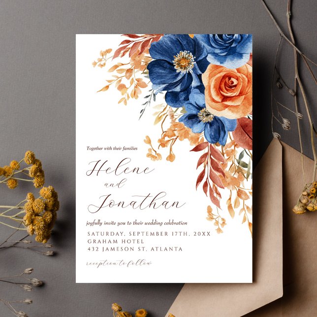 Convite Casamento Elegante Russo de Rua marinho Azul Terra (Navy Blue Terracotta Rust Rustic Elegant Wedding Invitation)