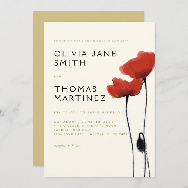 Convite Casamento Elegante Russo Ecru Dourado Poppies Verm (Frente/Verso)