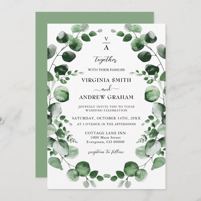 Convite Casamento Elegante Russo Eucalyptus Greenery (Frente/Verso)