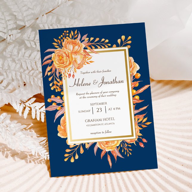 Convite Casamento Elegante Russo Laranja-Rust marinho Azul (Navy Blue Rust Orange Rustic Elegant Wedding Invitation)