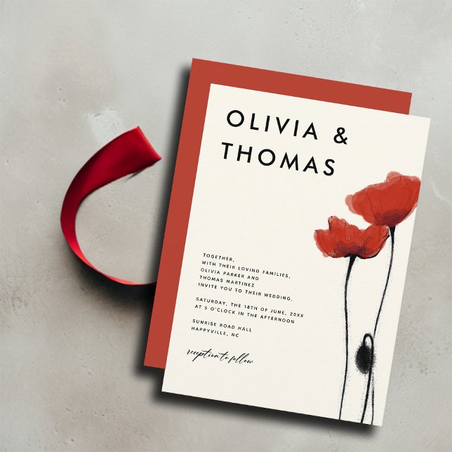 Convite Casamento Elegante Russo Moderno de Poppies Vermel (red poppies poppy wildflowers wedding invitation modern elegant romantic simple bohemian summer)