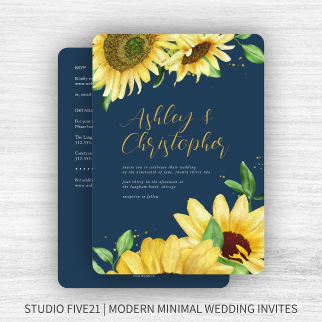 Convite Casamento Elegante Rustic Sunflower Marinho All-in (Criador carregado)