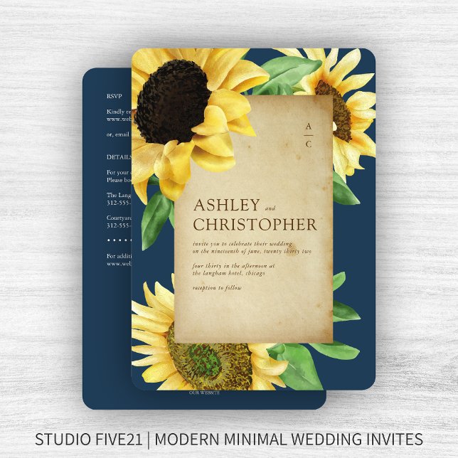 Convite Casamento Elegante Rustic Sunflower Marinho All-in (Criador carregado)
