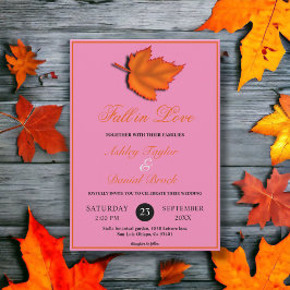 Convite Casamento Elegante Rústico de Outono Folhas Rosa