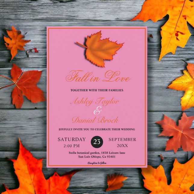 Convite Casamento Elegante Rústico de Outono Folhas Rosa (Criador carregado)