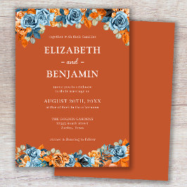Convite Casamento Elegante Rústico Floral Azul Terracota