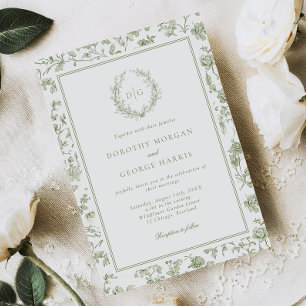Convite Casamento Elegante Sage Green Crest Chinoiserie