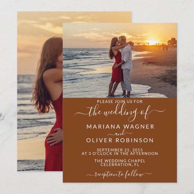 Convite Casamento Elegante Script Boho Marrom Foto (Frente/Verso)